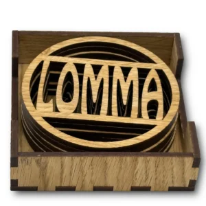 Glasunderläg i EK med text Lomma