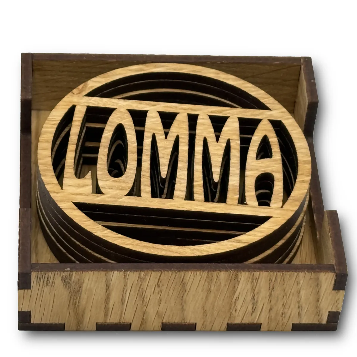 Glasunderläg i EK med text Lomma