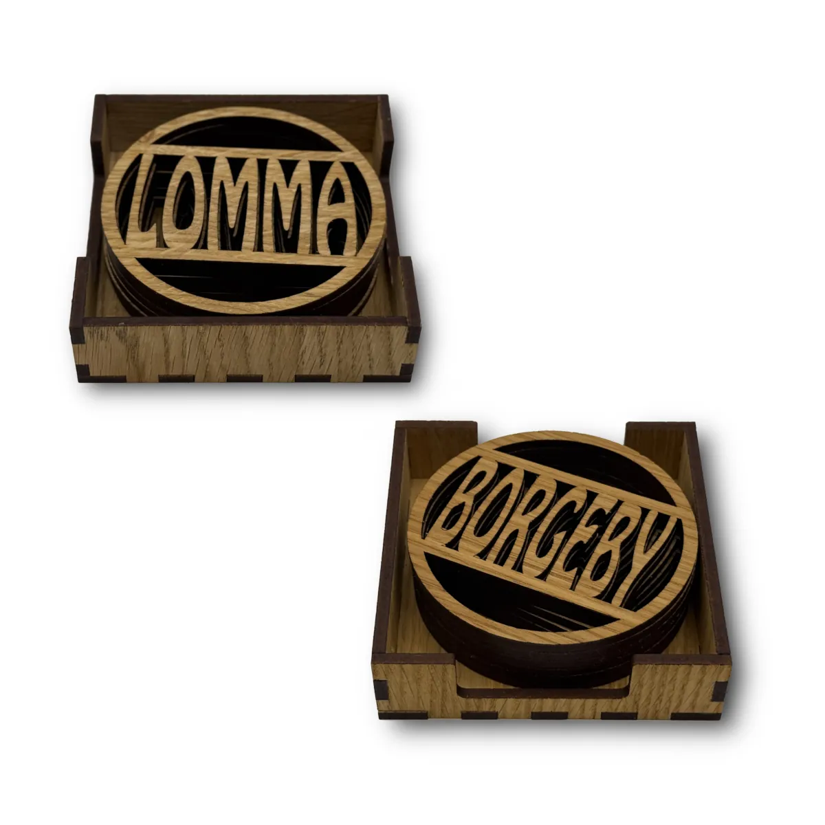 2 st lådor Glasunderläg i EK med text Borgeby. och Lomma