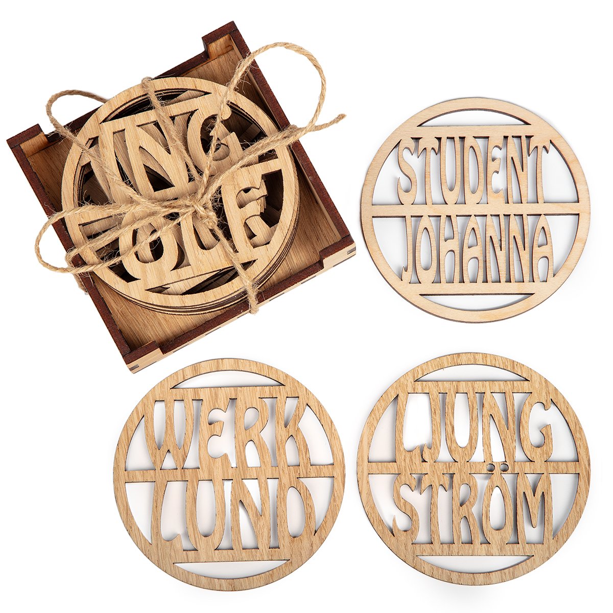 Glasunderlägg i ek låda och underlägg