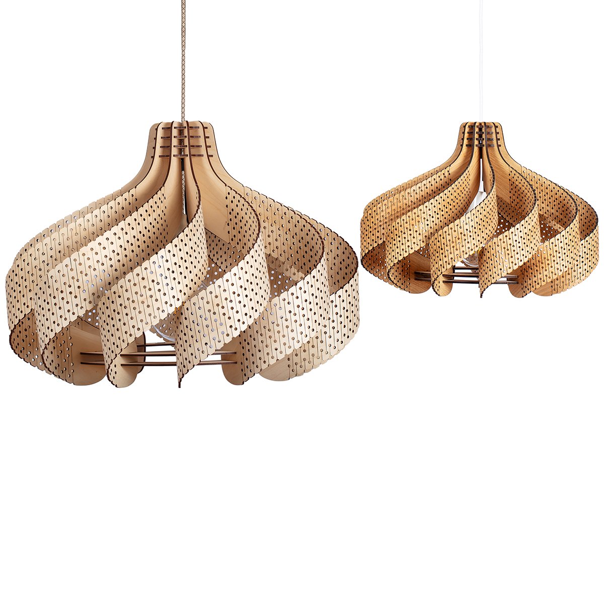 NOOR taklampa i trä 2 olia storlekar och 2 olika träslag